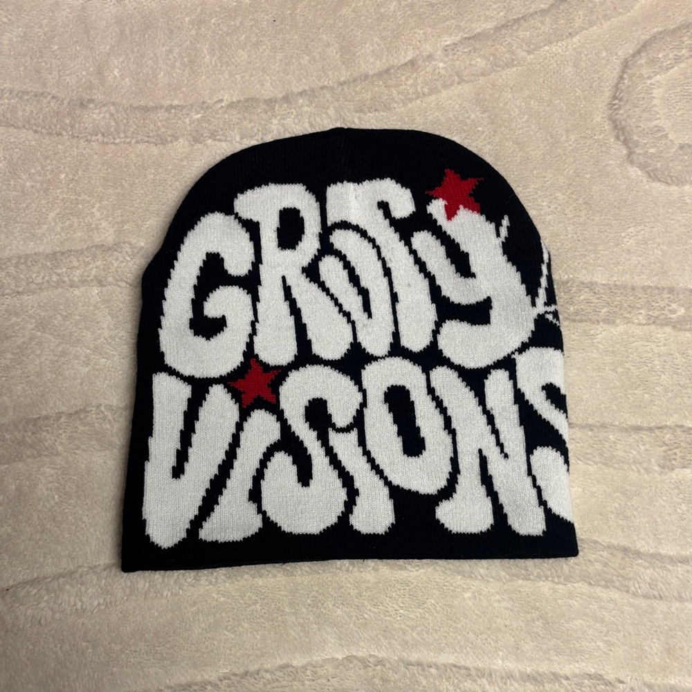 Black & White Knit Beanie with Red Stars